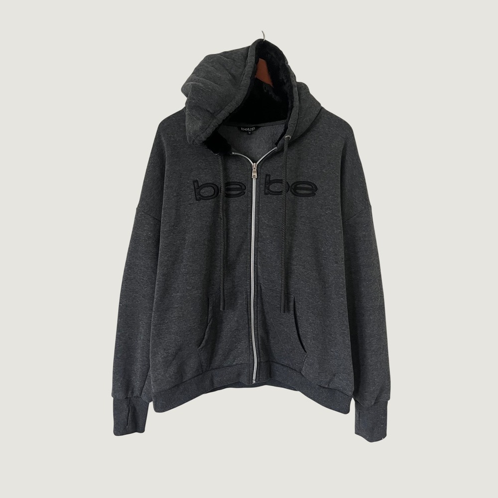 Bebe Womens 1X Charcoal Grey Faux Fur Lined Zip Up Hoodie Grunge Chunky Logo